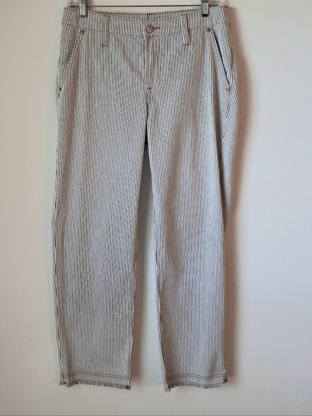 Chico's Stripe So Slimming Girlfriend Straight Ankle Fray Hem Size 4 Railroad
